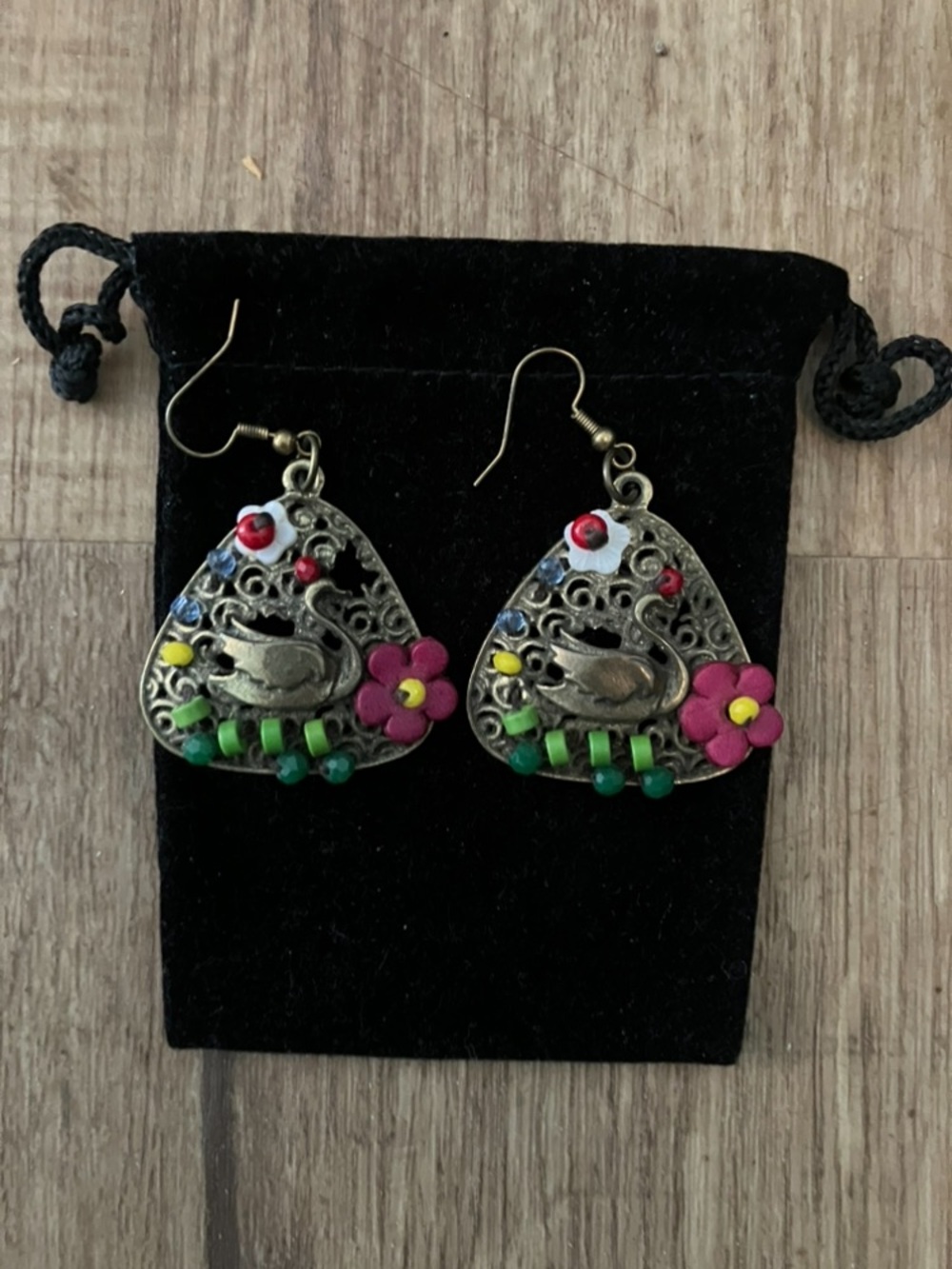 Swan Dangle Earrings in Antique Gold and Pink